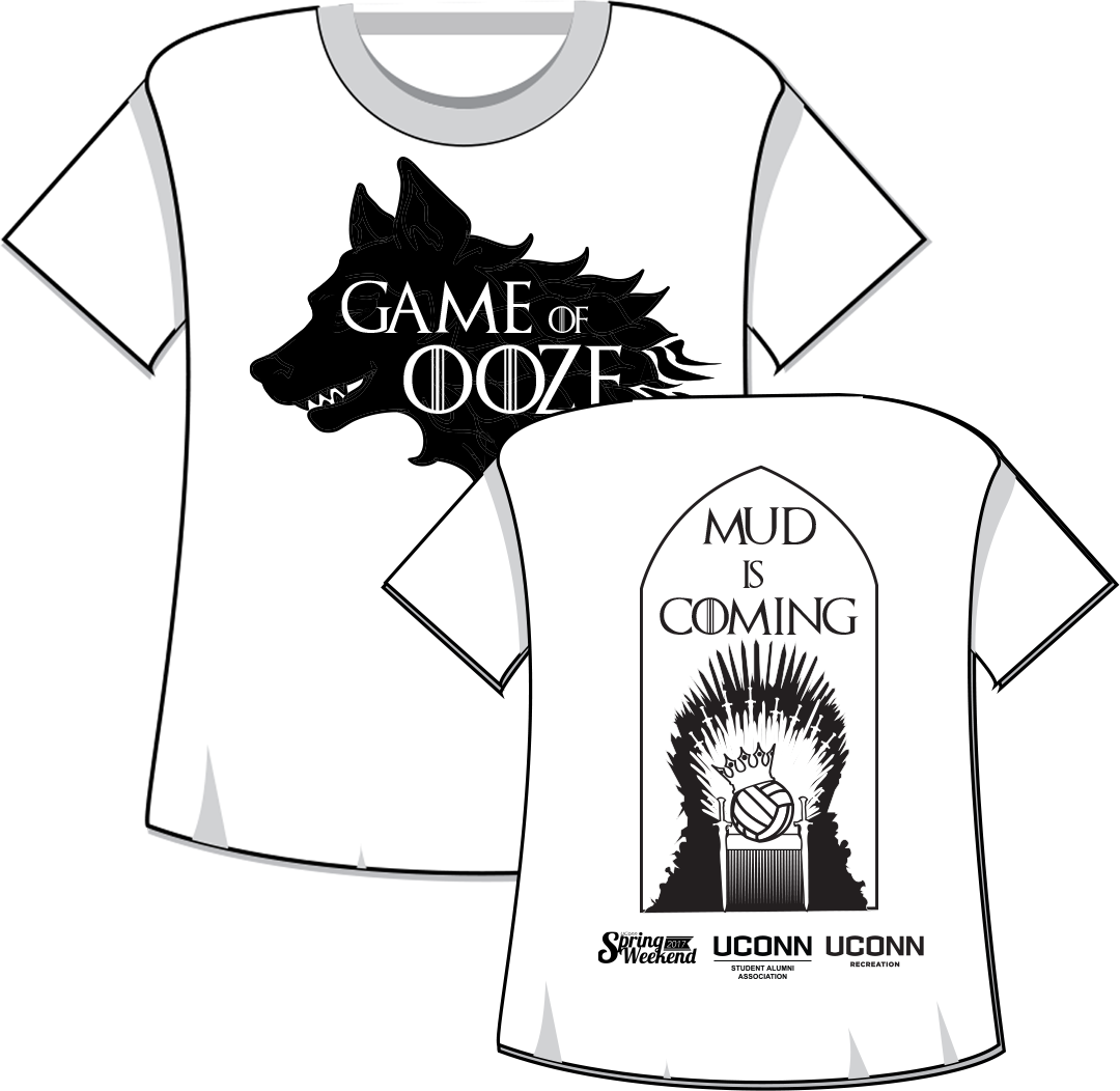 Game of Ooze T shirt from 2017 featuring 'Mud Is Coming' slogan on back with a spoof of Game of Thrones iron throne with a volleyball sitting on the throne
