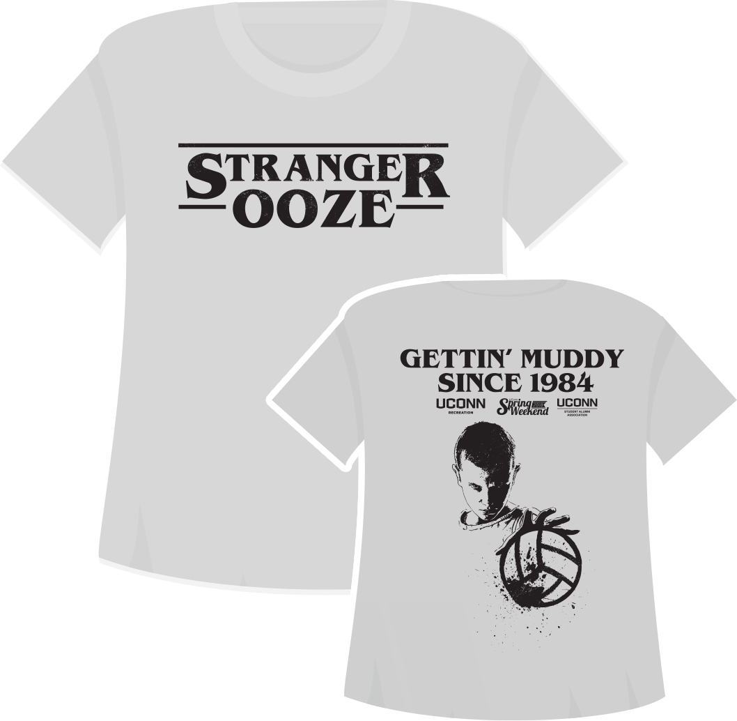 Stranger Ooze T Shirt from 2018 with back that reads "Gettin' Muddy Since 1984" with a picture of 13 from the show 'Stranger Things' holding out a muddy volleyball