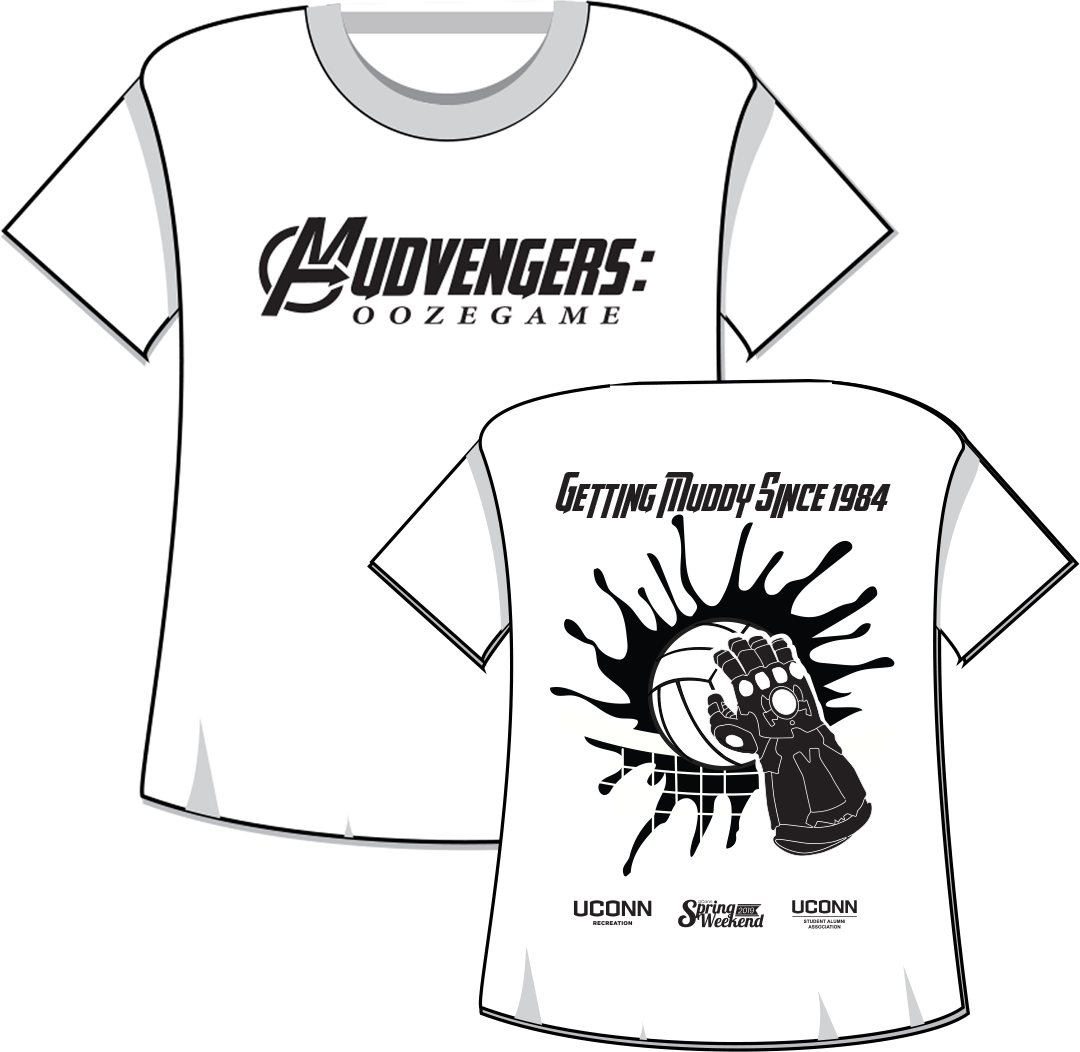 2019 OOzeball tee featuring the logo 'Mudvengers: OOzegame' on the front with a spoof of the infinite gauntlet holding an OOzeball on the back